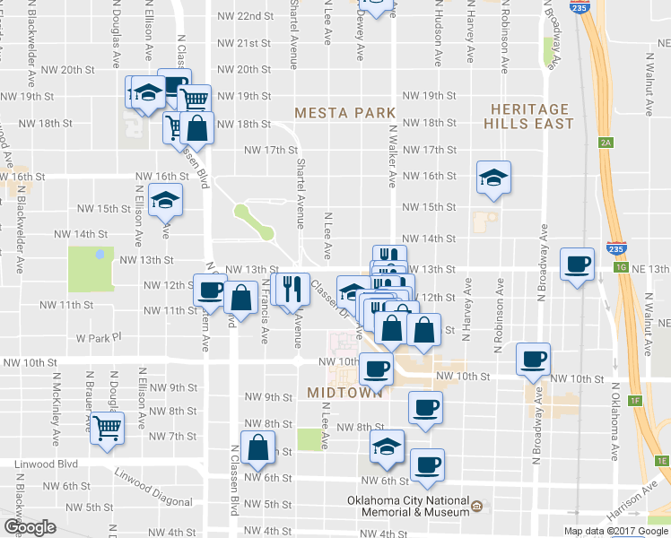 map of restaurants, bars, coffee shops, grocery stores, and more near 625 Northwest 13th Street in Oklahoma City