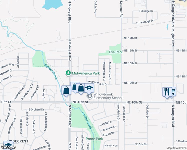 map of restaurants, bars, coffee shops, grocery stores, and more near 909 Rolling Meadows Boulevard in Midwest City