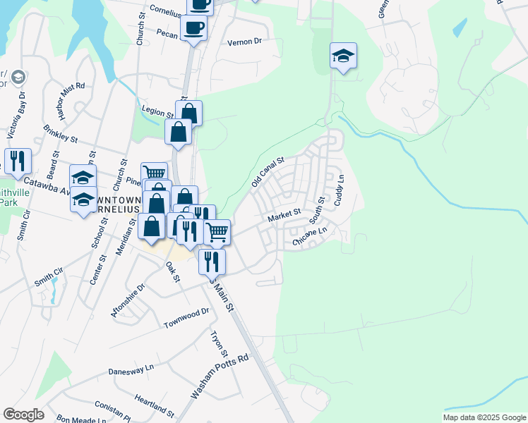 map of restaurants, bars, coffee shops, grocery stores, and more near 19936 Lamp Lighters Way in Cornelius