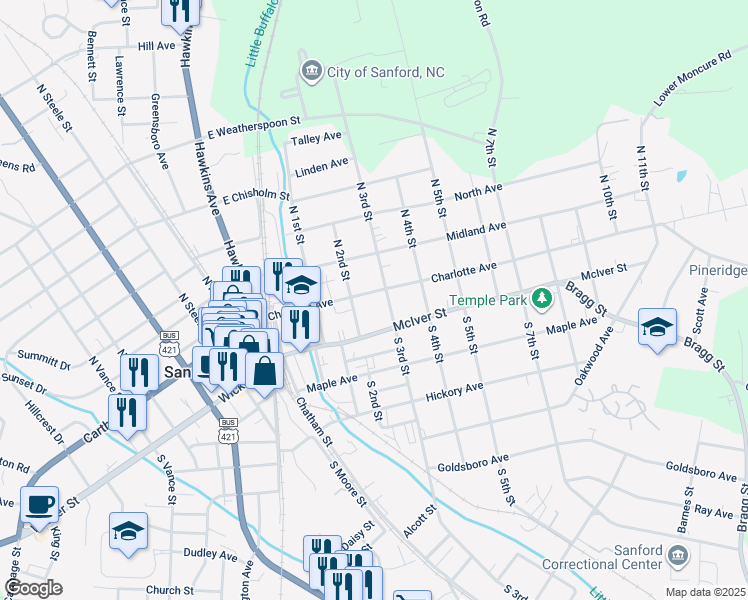 map of restaurants, bars, coffee shops, grocery stores, and more near 222 Charlotte Avenue in Sanford