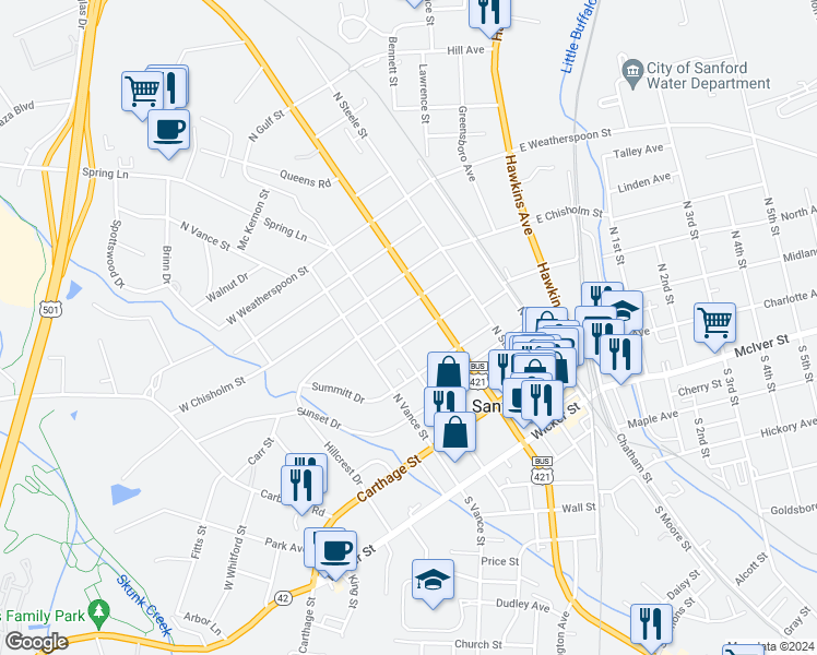 map of restaurants, bars, coffee shops, grocery stores, and more near 308 Green Street in Sanford