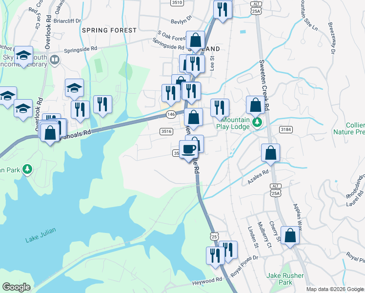 map of restaurants, bars, coffee shops, grocery stores, and more near 2123 Hendersonville Road in Arden
