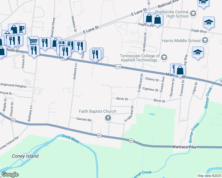 map of restaurants, bars, coffee shops, grocery stores, and more near 300 Neely Avenue in Shelbyville