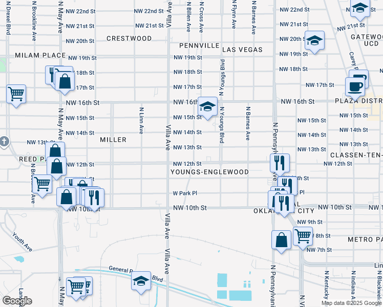 map of restaurants, bars, coffee shops, grocery stores, and more near 2336 Northwest 13th Street in Oklahoma City