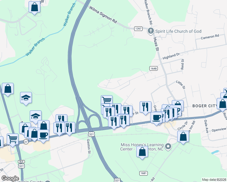 map of restaurants, bars, coffee shops, grocery stores, and more near 382 Turner Street in Lincolnton