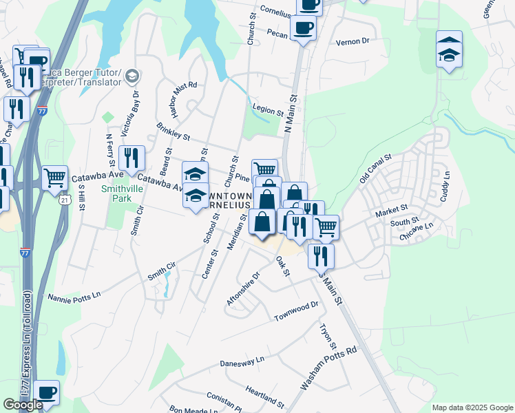 map of restaurants, bars, coffee shops, grocery stores, and more near 21315 Newcenter Drive in Cornelius