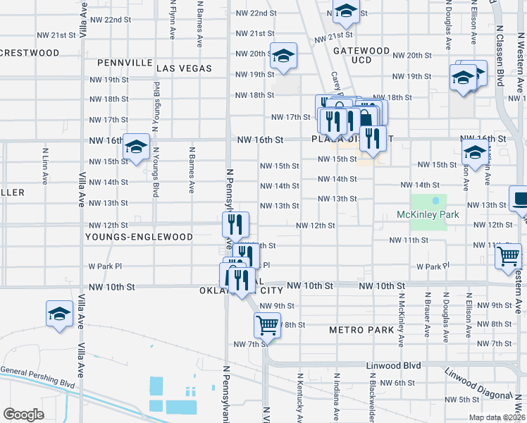 map of restaurants, bars, coffee shops, grocery stores, and more near 1938 Northwest 13th Street in Oklahoma City