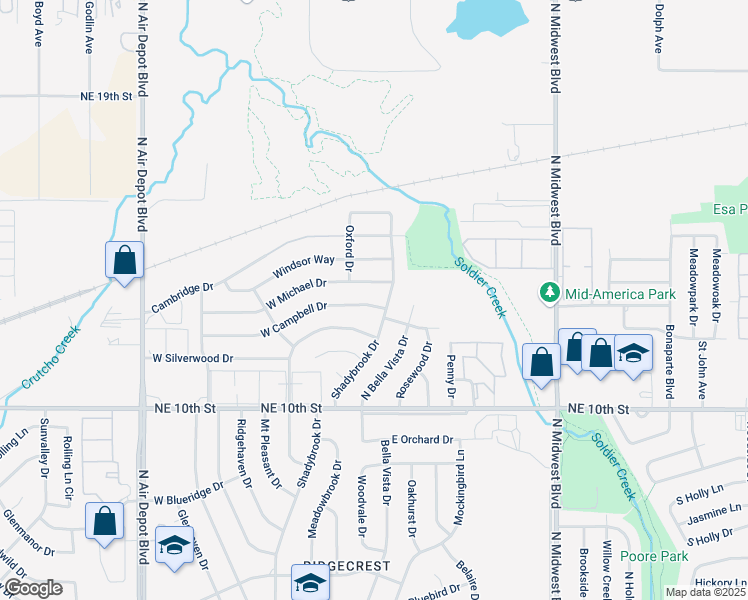 map of restaurants, bars, coffee shops, grocery stores, and more near 107 West Campbell Drive in Midwest City