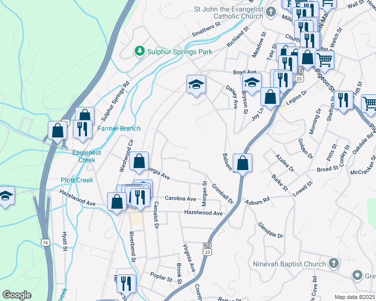 map of restaurants, bars, coffee shops, grocery stores, and more near 186 Hazelview Drive in Waynesville