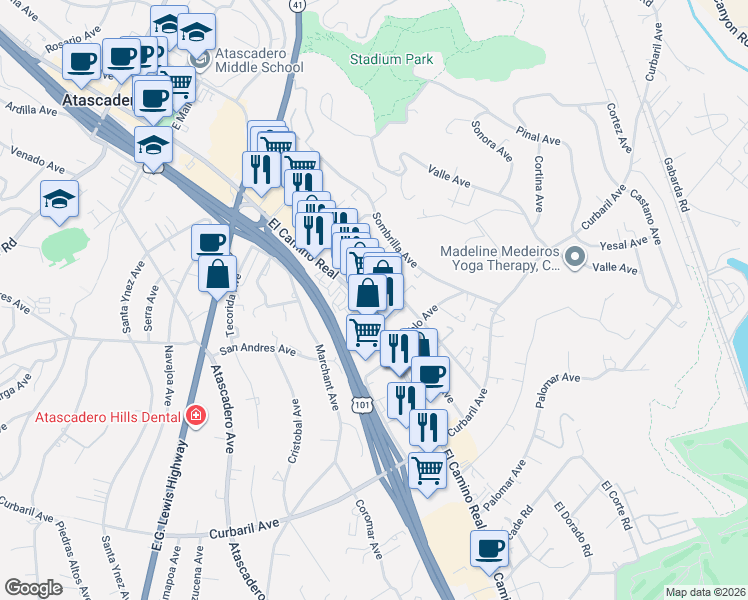 map of restaurants, bars, coffee shops, grocery stores, and more near 7405 El Camino Real in Atascadero