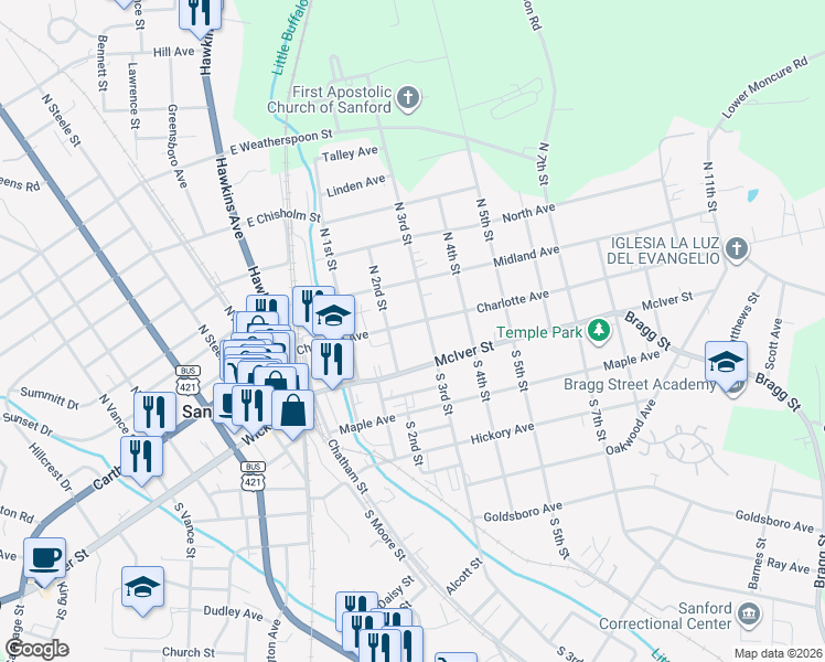 map of restaurants, bars, coffee shops, grocery stores, and more near 222 Charlotte Avenue in Sanford