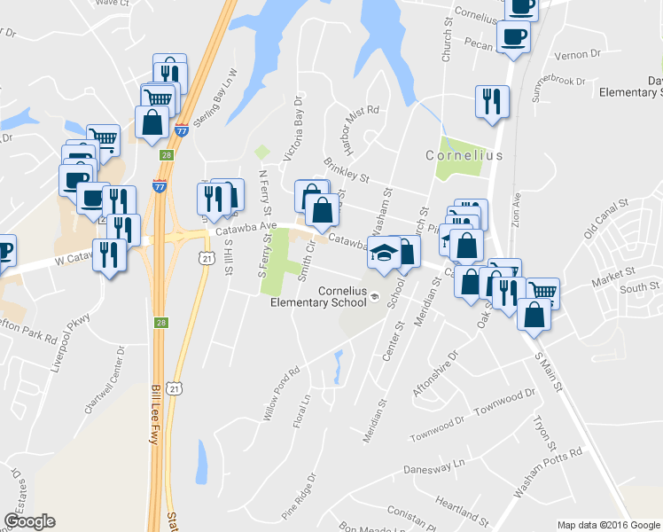map of restaurants, bars, coffee shops, grocery stores, and more near 20923 Academy Street in Cornelius