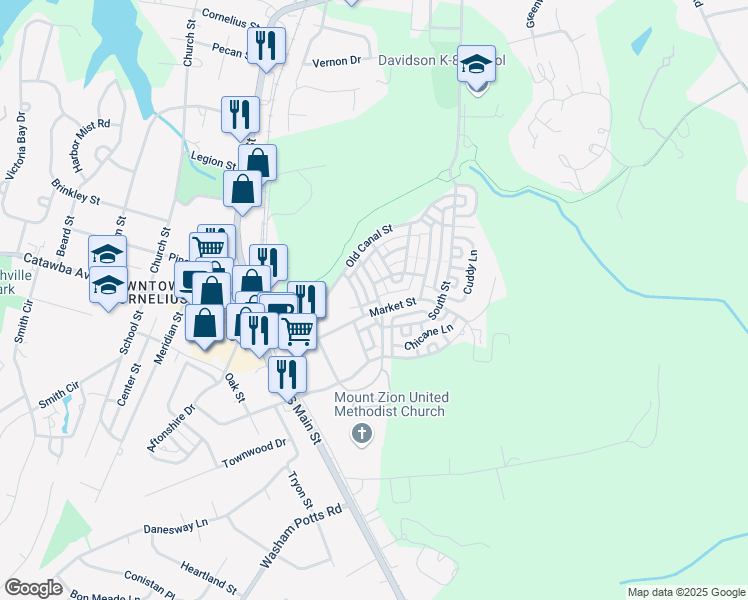 map of restaurants, bars, coffee shops, grocery stores, and more near 19940 Lamp Lighters Way in Cornelius
