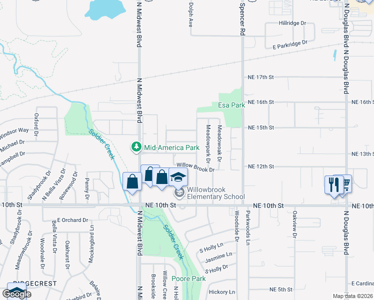 map of restaurants, bars, coffee shops, grocery stores, and more near 909 Rolling Meadows Boulevard in Midwest City