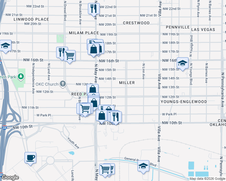 map of restaurants, bars, coffee shops, grocery stores, and more near 2730 Northwest 13th Street in Oklahoma City