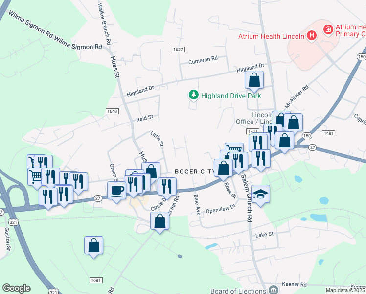 map of restaurants, bars, coffee shops, grocery stores, and more near 223 Allen Dale Lane in Lincolnton
