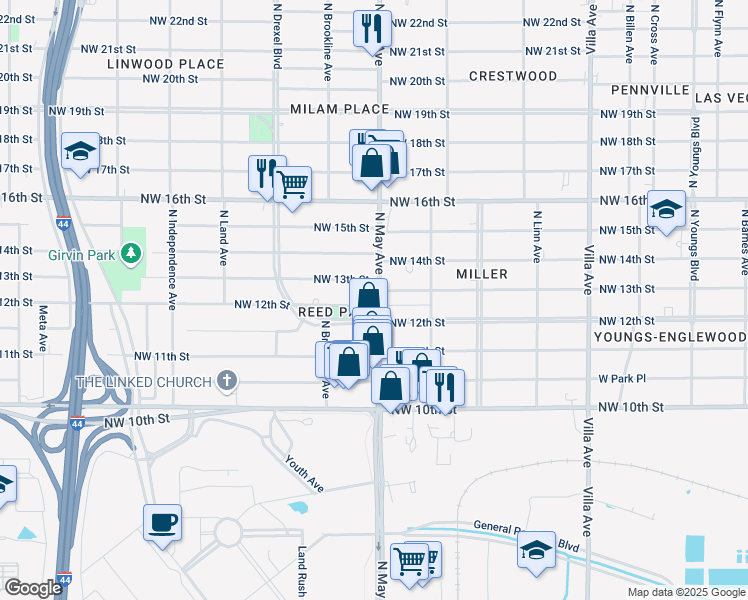 map of restaurants, bars, coffee shops, grocery stores, and more near 1307 North May Avenue in Oklahoma City
