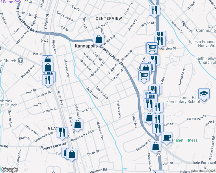 map of restaurants, bars, coffee shops, grocery stores, and more near 500 Chrysler Street in Kannapolis