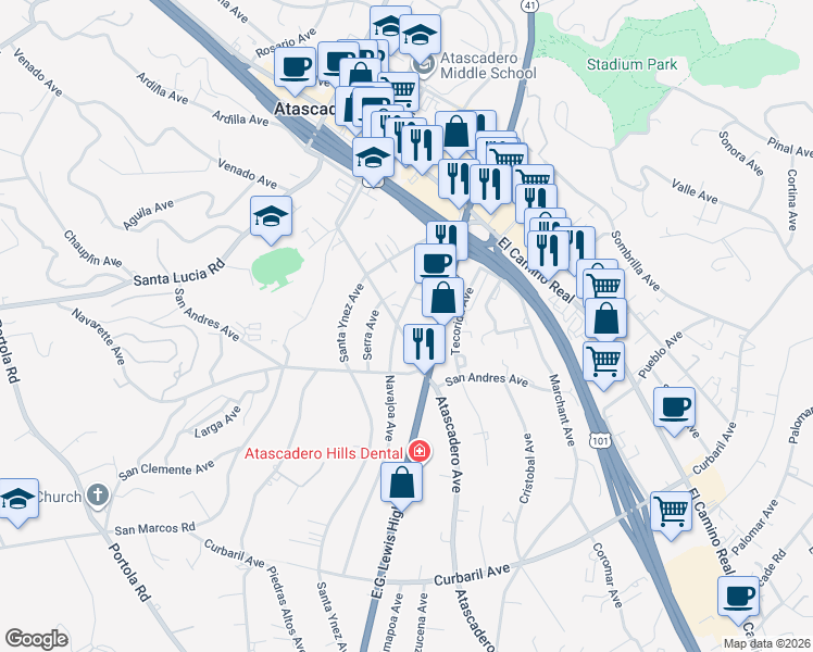 map of restaurants, bars, coffee shops, grocery stores, and more near 6855 Atascadero Avenue in Atascadero