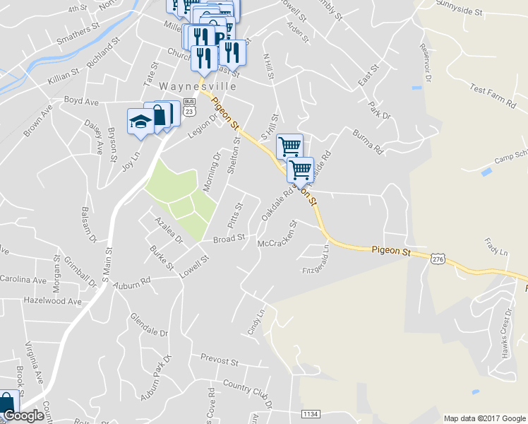 map of restaurants, bars, coffee shops, grocery stores, and more near 140 Oakdale Road in Waynesville