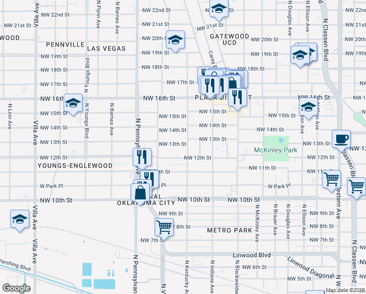 map of restaurants, bars, coffee shops, grocery stores, and more near 1900 Northwest 13th Street in Oklahoma City