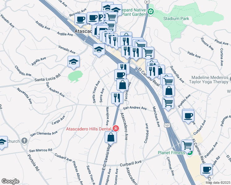 map of restaurants, bars, coffee shops, grocery stores, and more near 6875 Atascadero Avenue in Atascadero