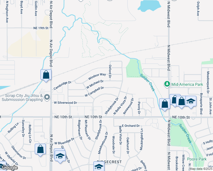map of restaurants, bars, coffee shops, grocery stores, and more near 205 West Campbell Drive in Midwest City