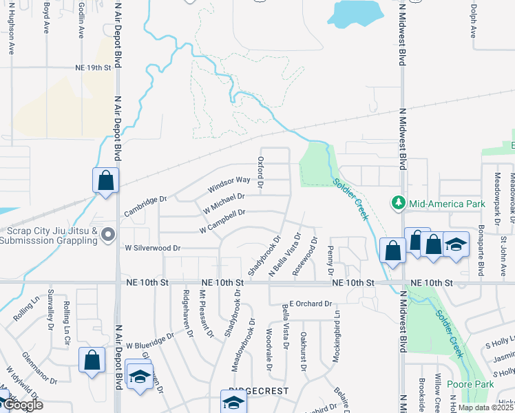 map of restaurants, bars, coffee shops, grocery stores, and more near 205 West Campbell Drive in Midwest City