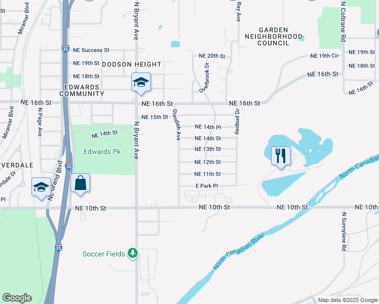 map of restaurants, bars, coffee shops, grocery stores, and more near 3108 Northeast 13th Street in Oklahoma City