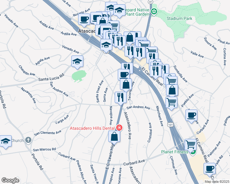 map of restaurants, bars, coffee shops, grocery stores, and more near 6855 Atascadero Avenue in Atascadero