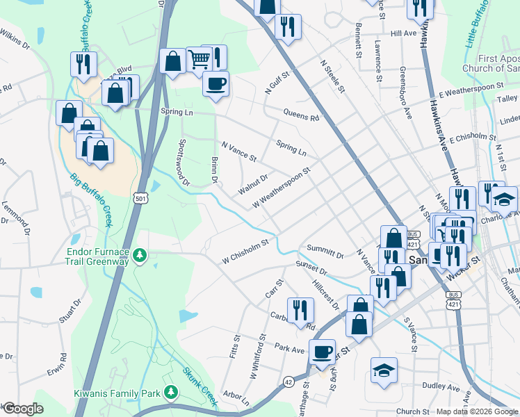 map of restaurants, bars, coffee shops, grocery stores, and more near 543 West Weatherspoon Street in Sanford
