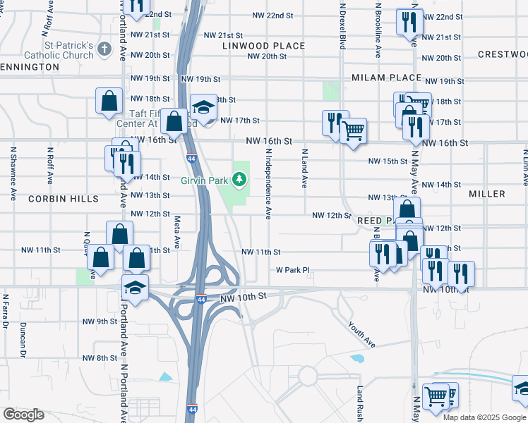 map of restaurants, bars, coffee shops, grocery stores, and more near 1301 North Independence Avenue in Oklahoma City