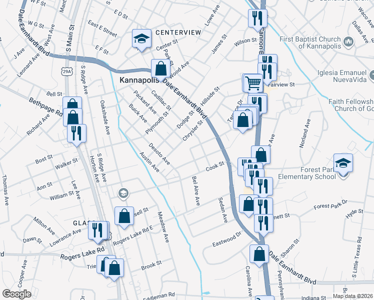 map of restaurants, bars, coffee shops, grocery stores, and more near 511 Charles Street in Kannapolis