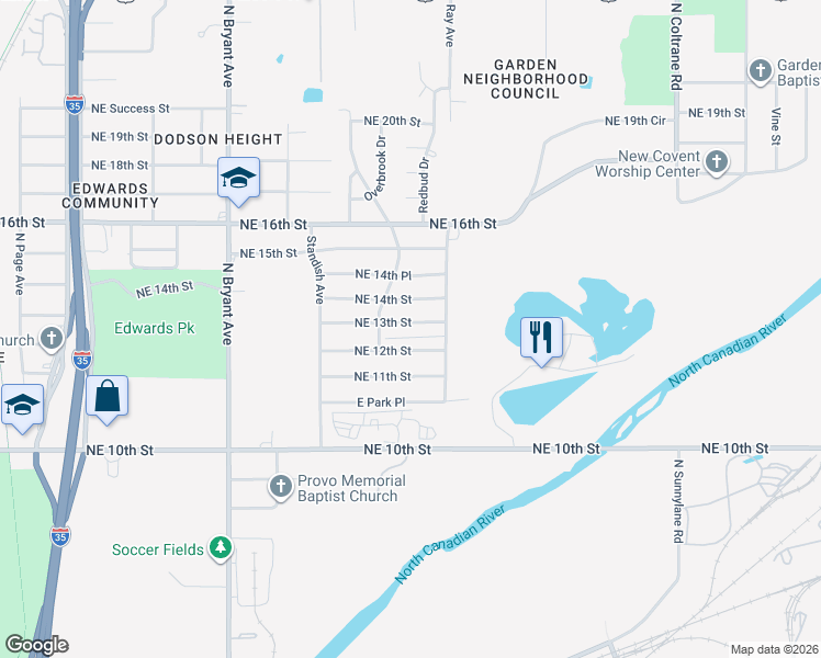 map of restaurants, bars, coffee shops, grocery stores, and more near 3324 Northeast 13th Street in Oklahoma City