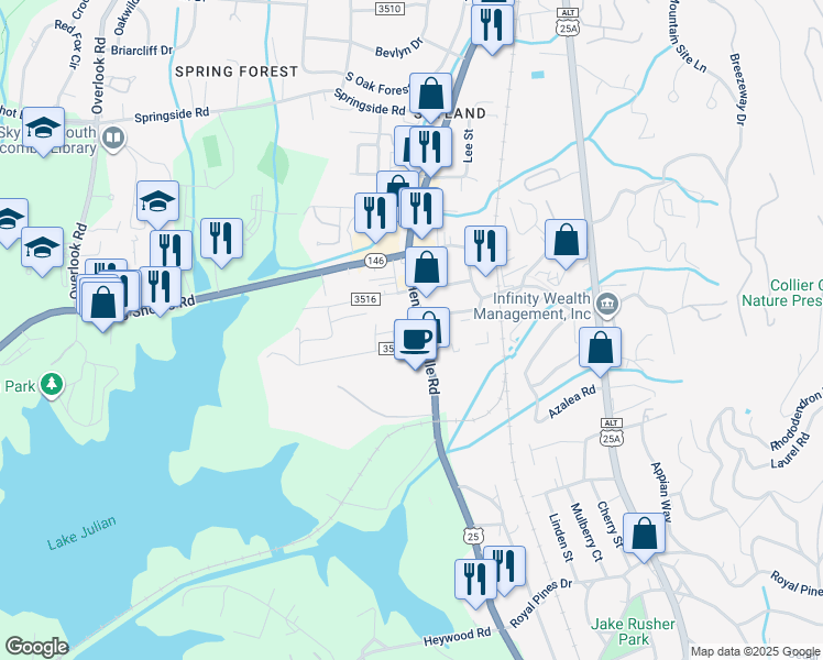 map of restaurants, bars, coffee shops, grocery stores, and more near 2123 Hendersonville Road in Arden