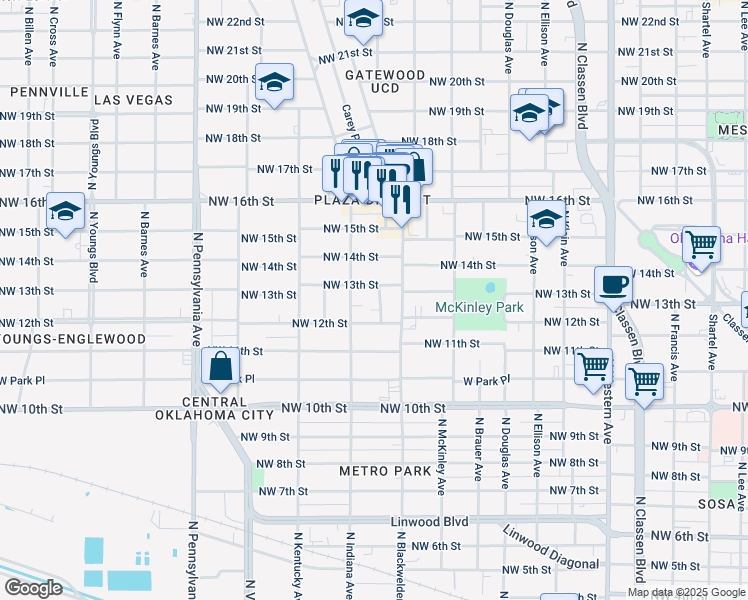 map of restaurants, bars, coffee shops, grocery stores, and more near 1319 North Gatewood Avenue in Oklahoma City