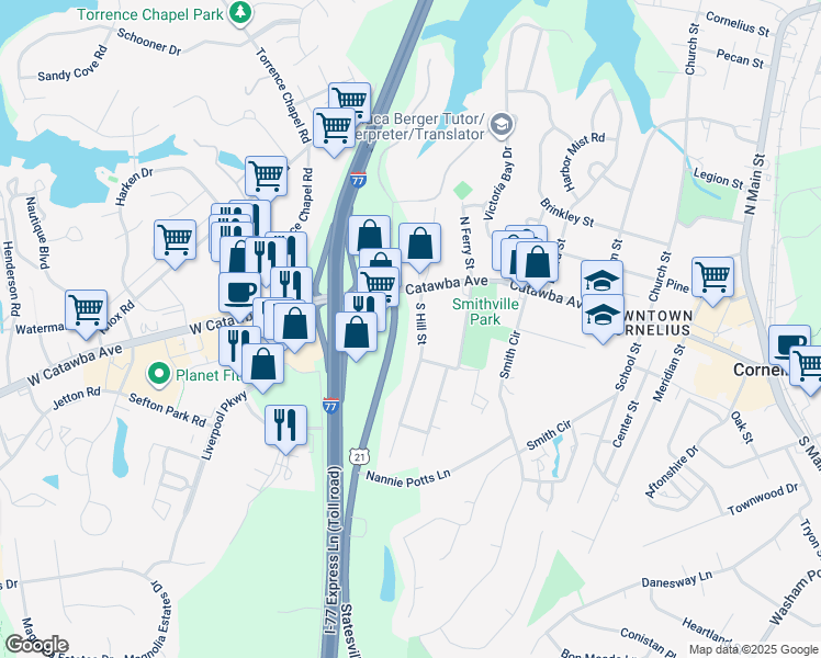 map of restaurants, bars, coffee shops, grocery stores, and more near 19629 South Hill Street in Cornelius