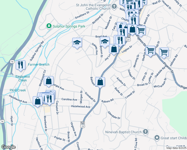 map of restaurants, bars, coffee shops, grocery stores, and more near 78 Wills Way in Waynesville
