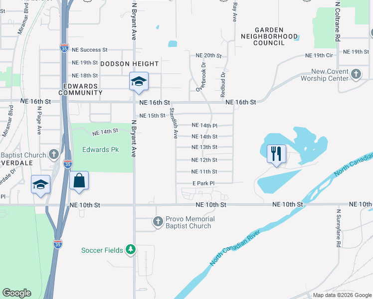 map of restaurants, bars, coffee shops, grocery stores, and more near 3108 Northeast 13th Street in Oklahoma City