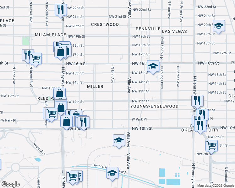 map of restaurants, bars, coffee shops, grocery stores, and more near 2540 Northwest 13th Street in Oklahoma City