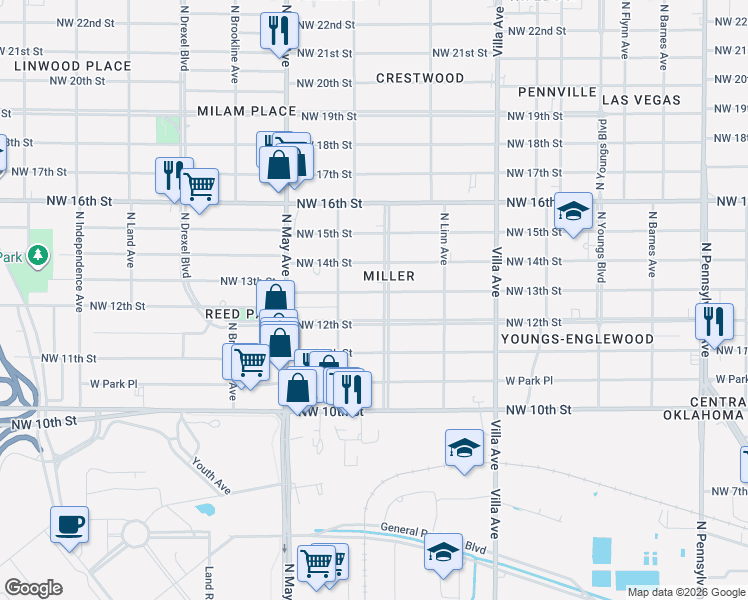 map of restaurants, bars, coffee shops, grocery stores, and more near 2700 Northwest 13th Street in Oklahoma City