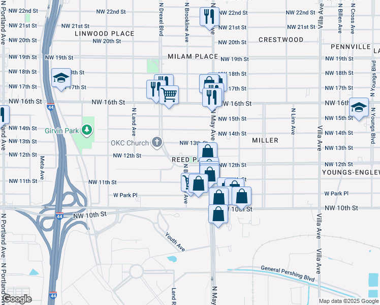 map of restaurants, bars, coffee shops, grocery stores, and more near 2939 Northwest 12th Street in Oklahoma City