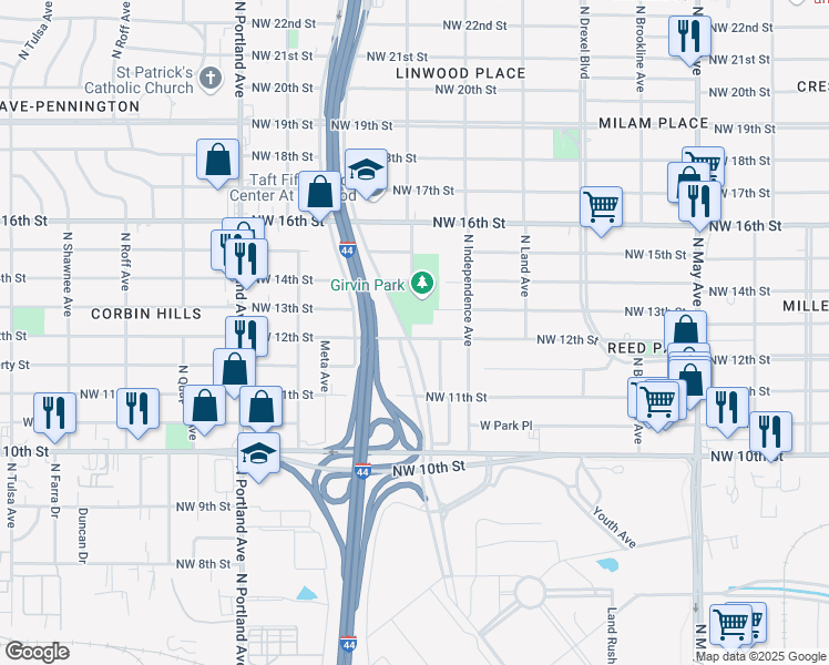map of restaurants, bars, coffee shops, grocery stores, and more near 3347 Northwest 12th Street in Oklahoma City