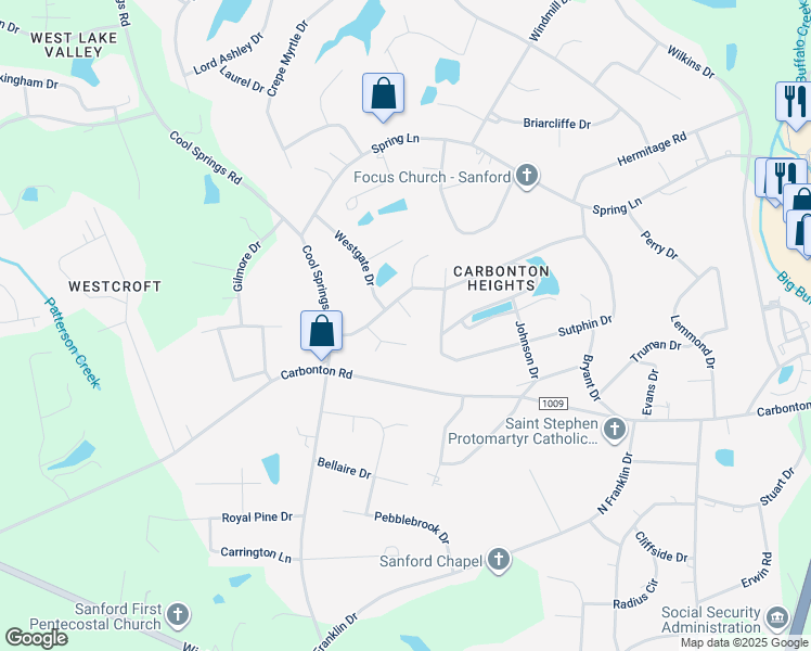 map of restaurants, bars, coffee shops, grocery stores, and more near 2305 Weatherwood Court in Sanford