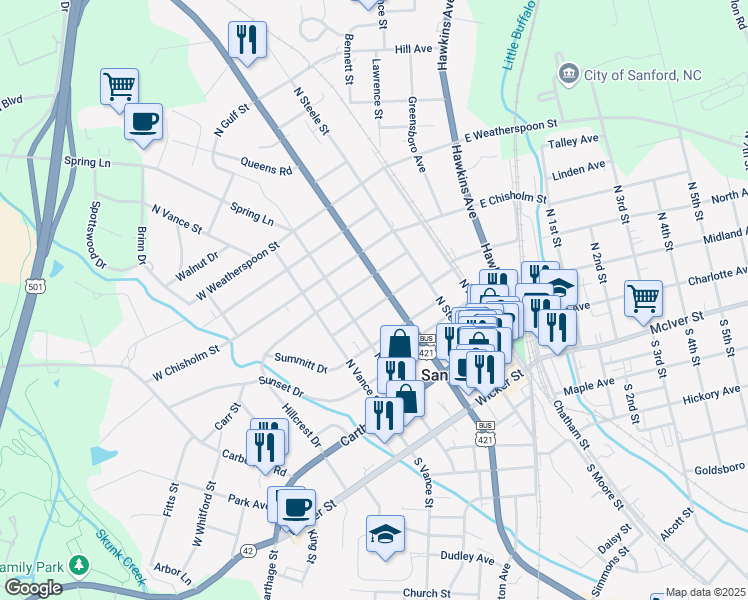 map of restaurants, bars, coffee shops, grocery stores, and more near 308 Green Street in Sanford