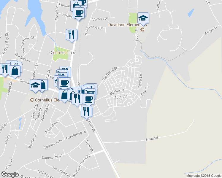 map of restaurants, bars, coffee shops, grocery stores, and more near 19936 Lamp Lighters Way in Cornelius