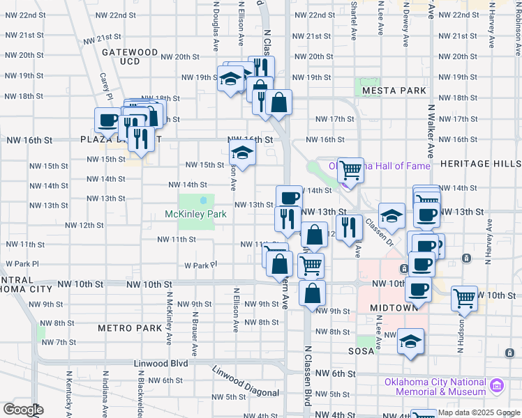 map of restaurants, bars, coffee shops, grocery stores, and more near 1138 Northwest 13th Street in Oklahoma City