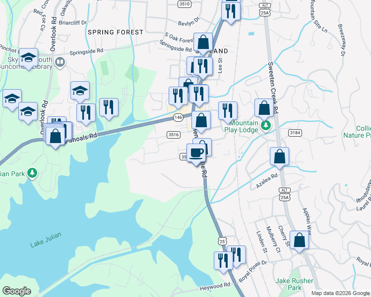 map of restaurants, bars, coffee shops, grocery stores, and more near 2123 Hendersonville Road in Arden