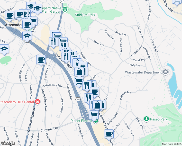 map of restaurants, bars, coffee shops, grocery stores, and more near 7465 Santa Ysabel Avenue in Atascadero