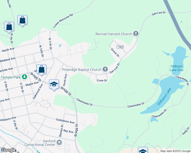 map of restaurants, bars, coffee shops, grocery stores, and more near 536 San-Lee Drive in Sanford